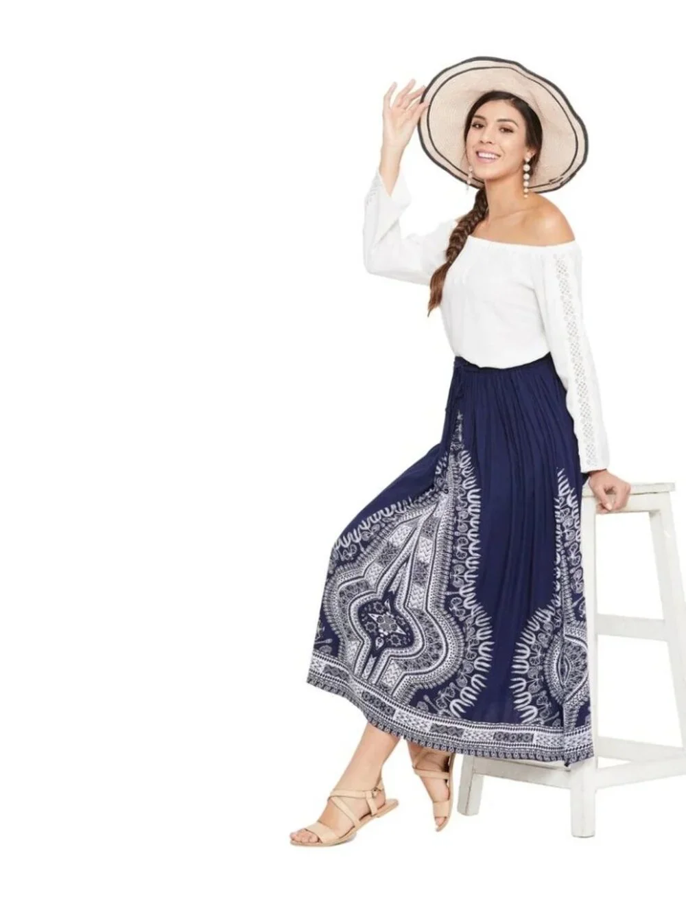 NWT Philosophy Republic Clothing Rayon Maxi Skirt M Blue White Mandala (BB654)
